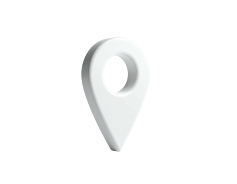 3D-rendered, glossy white location pin floating on a black background