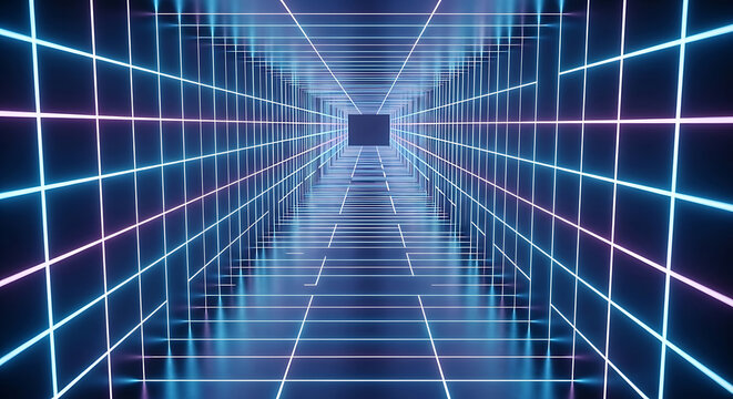 Neon Grid Tunnel with Blue and Pink Lines and Perspective image photo