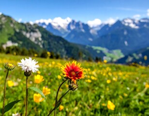 Obraz premium Alpine Meadow Flowers and Mountains.