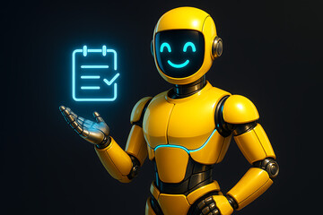 Yellow futuristic robot displaying a glowing blue clipboard with a checklist and a checkmark, symbolizing task completion, planning, and successful process automation