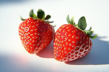 Two fresh ripe strawberries with green leaves casting shadows on a white surface in bright natural light