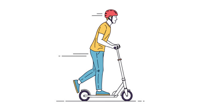 Illustration showcasing a young man riding a kick scooter while wearing a helmet, against a clean backdrop suitable for educational purposes