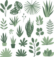 Tropical leaf illustration, flat botanical wall art, monstera, fern, palm leaves, minimal design, indoor greenery, plant decor vector