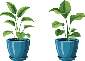 Vibrant indoor houseplants in blue ceramic pots, lush green foliage, natural home decor, botanical illustration, modern plant lover concept.