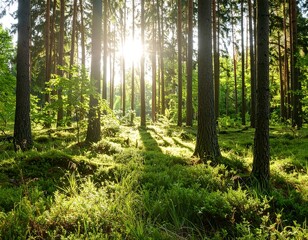 Obraz premium Sunlight streams through a dense forest (13)