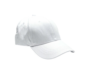 A plain white baseball cap, angled slightly, against a black background