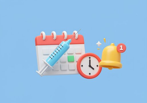 Vaccination Appointment Reminder with Calendar Syringe Clock and Notification Bell in 3D Rendering on Blue Background - Powered by Adobe