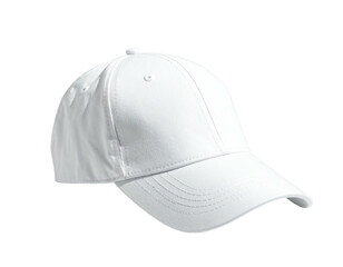 Clean white baseball cap, angled slightly to the left, isolated on a black background