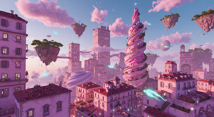 Dreamlike Futuristic Skyline with Floating Rocks and Neon Lights