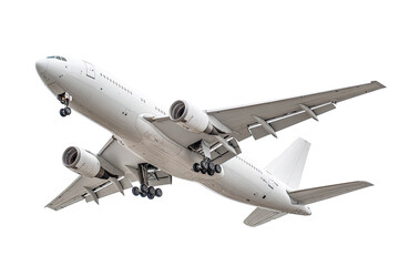 White passenger jet in flight, angled view