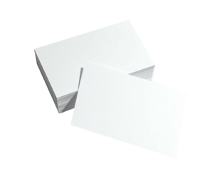 Stack of blank rectangular cards with one card slightly out front, black background