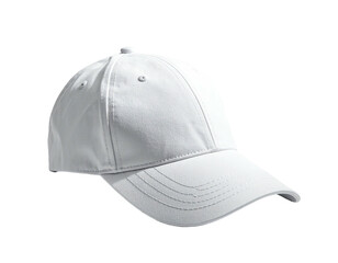 A crisp, white baseball cap isolated against a stark black background
