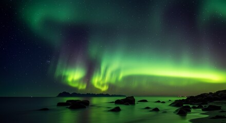 Dramatic night sky aurora borealis display over calm ocean with green and blue light