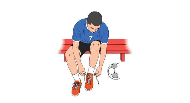 Animated illustration depicting a soccer player sitting on a bench tying his shoelaces before a match preparation  for a soccer game