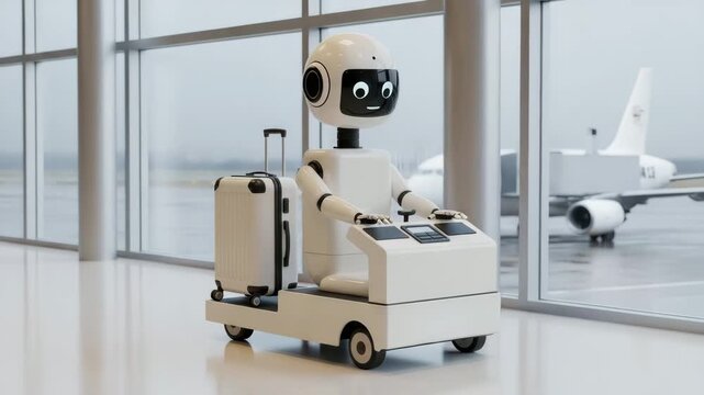 A futuristic robot assistant transports luggage in an airport terminal, with a plane visible through the glass windows, showcasing modern travel technology ai generated vedio