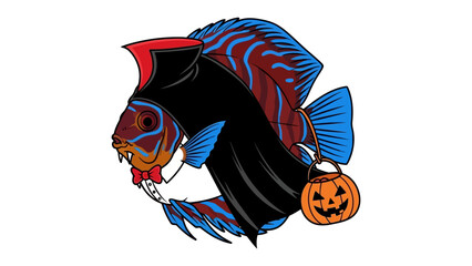 Spooky Aquatic Character: A whimsical illustration showcases a vampire fish, donning a classic cape and holding a jack-o'-lantern, embodying Halloween spirit in an aquatic setting.
