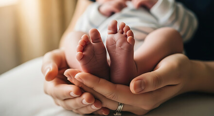 Tiny newborn feet gently cradled in loving hands, a precious moment of pure innocence and joy, capturing the essence of early parenthood