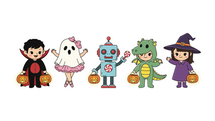 Halloween Costume Collection: A charming group of children, each adorned in creative and whimsical Halloween costumes, stands together. Displaying the spirit of Halloween.