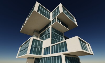 Perspective office tower visualization 3d model over blue sky scene architecture wallpaper background
