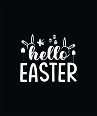 Hello easter text with bunny ears and easter eggs graphic design