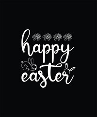 Happy easter text with cute bunnies and floral accents on black background