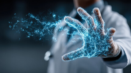 Medical hand glove hologram health care doctor tech futuristic digital network blue energy touch