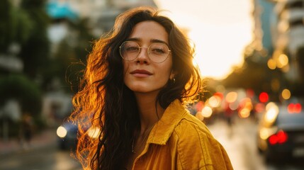 A young adult wearing round glasses standing in a city street