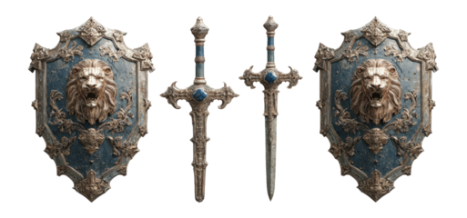 Ornate Lion Emblem Shield and Sword Set with Blue Accents