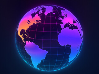 Naklejka premium Abstract Cybernetic Earth: Big Data & Internet Technology Visual, Futuristic Neon Globe: Abstract Technology & Worldwide Communication