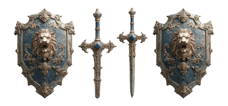 Ornate Lion Emblem Shield and Sword Set with Blue Accents - Powered by Adobe