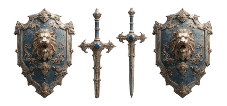 Ornate Lion Emblem Shield and Sword Set with Blue Accents