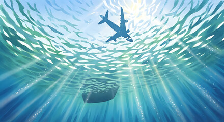 Vibrant underwater view of an airplane overhead and a boat below, bathed in stunning sun rays