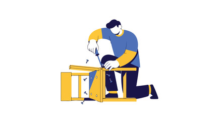 Illustration of a man assembling furniture with a screwdriver in a DIY home project depicted with flat design