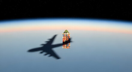 Envisioning sustainable global transport with an eco-friendly building on containers above Earth.