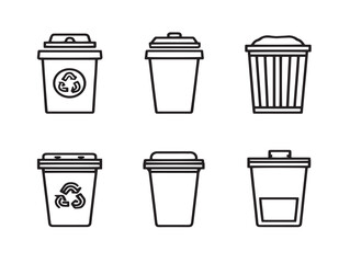 Modern stock vector trash bin icon pack showing six elegant minimalist line art styles