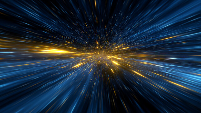 Abstract hyperspace jump with blue and golden streaks creating a sense of speed and motion blur