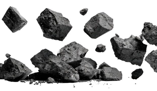 Dark, angular, cubed rocks scattered; grayscale