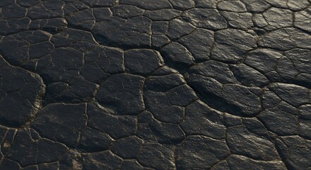 Close-up of Dark, Cracked, Polygonal Surface Texture with Subtle Highlights