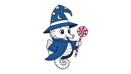 Whimsical Seahorse Sorcerer: An adorable seahorse, adorned in a wizard's attire, gracefully clutches a lollipop-like wand, captivating imaginations with its magical presence.