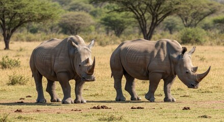 Fototapeta premium Two rhinos in grassy savanna