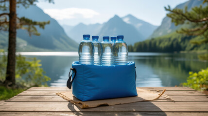 Plastic water bottles in blue cooler bag on wooden table with scenic mountain lake view