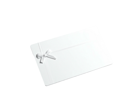 Isolated white gift card with a delicate ribbon bow, on a solid black background
