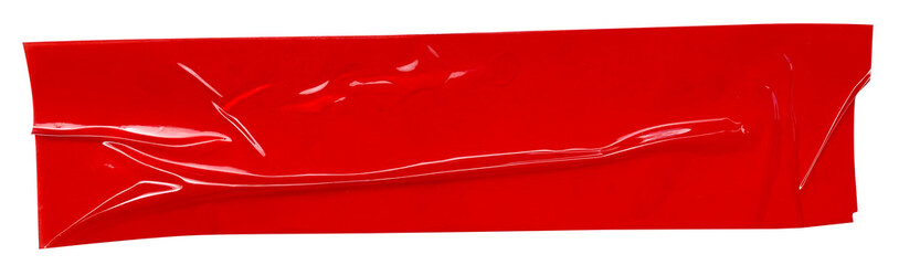 Crumpled torn pieces of red packing tape, adhesive sealing tape, sticky torn plastic on transparent background