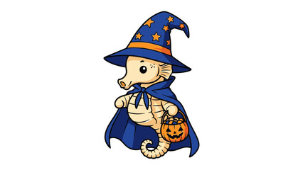 Cute Halloween Seahorse : An adorable seahorse dressed in a wizard costume, complete with a pointy hat and cape, gleefully holding a pumpkin-shaped candy bucket for Halloween celebration. 