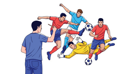 Animated illustration depicting a soccer coach instructing players during a training session on the field action