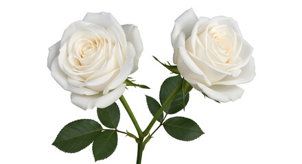 Fototapeta premium Elegant Pair of White Roses on Stem with Green Leaves