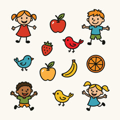 Happy child characters playing, surrounded by simple, colorful illustrations