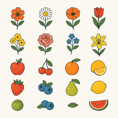 High-quality vector illustration set of elegant flowers and fresh fruits