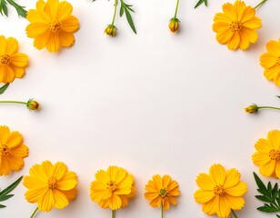 Obraz premium Yellow cosmos flowers arranged in a frame on a white background