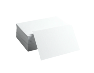A stack of white rectangular cards with one card in front, on a black background